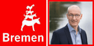 Dies ist ein Logo von Bremen, ein rechteckiges, rotes Logo, links sieht man die Bremer Stadtmusikanten, rechts daneben steht: Bremen erleben